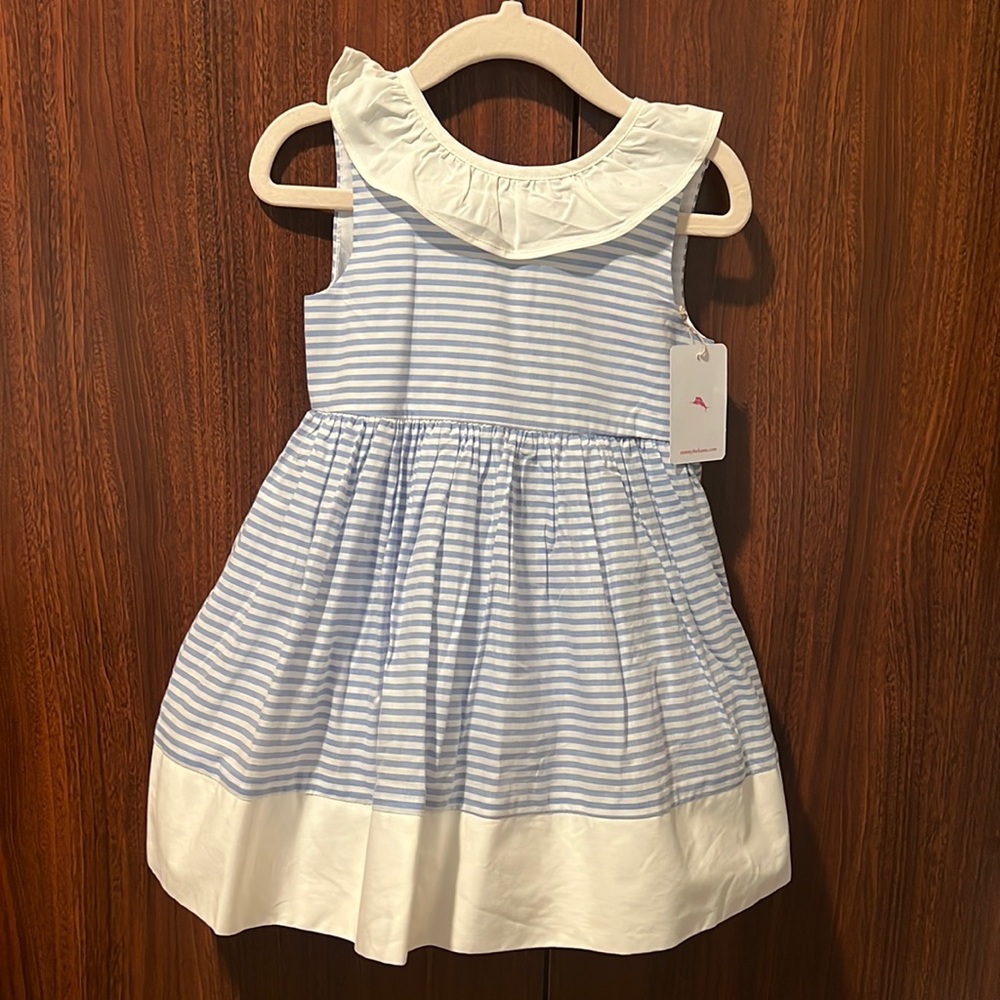 Tommy Bahama ruffle dress size 24 baby girl blue white striped spring summer NWT